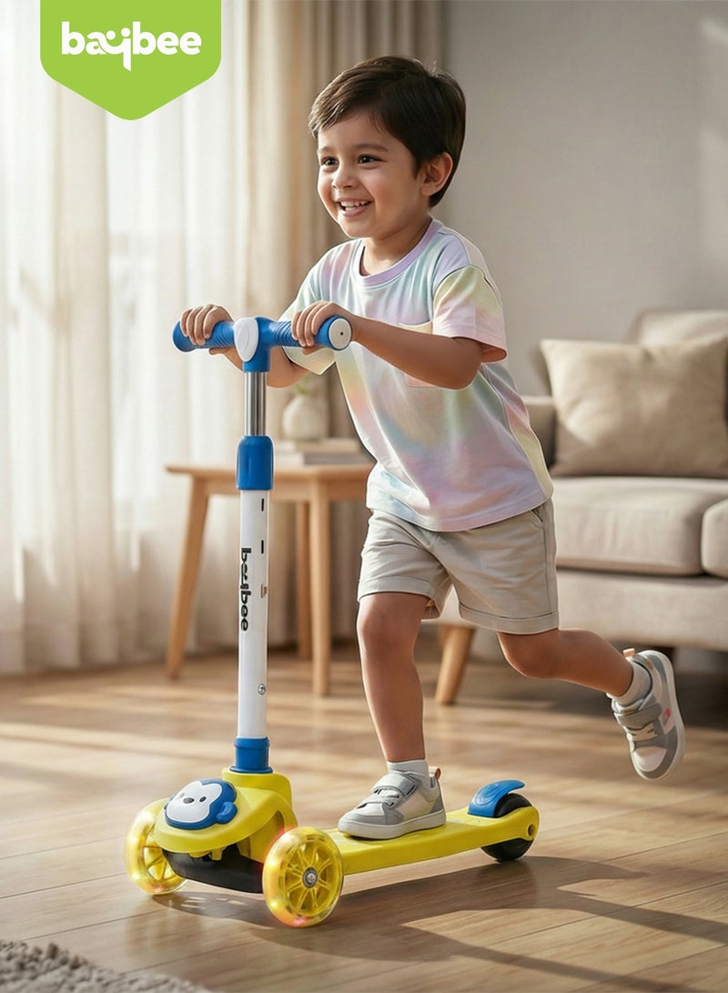 بيبي سكوتر مونكي للأطفال | سكوتر بثلاث عجلات للأطفال بثلاثة ارتفاعات قابلة للتعديل، مزود بإضاءة LED وموسيقى | سكوترات تزلج تتحمل وزنًا يصل إلى 50 كجم | سكوترات جري للأطفال من عمر سنتين إلى 10 سنوات، لون أصفر - Image 2